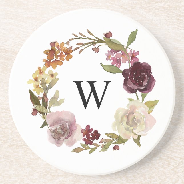 Floral Watercolor Wreath Monogram White Getränkeuntersetzer (Vorne)
