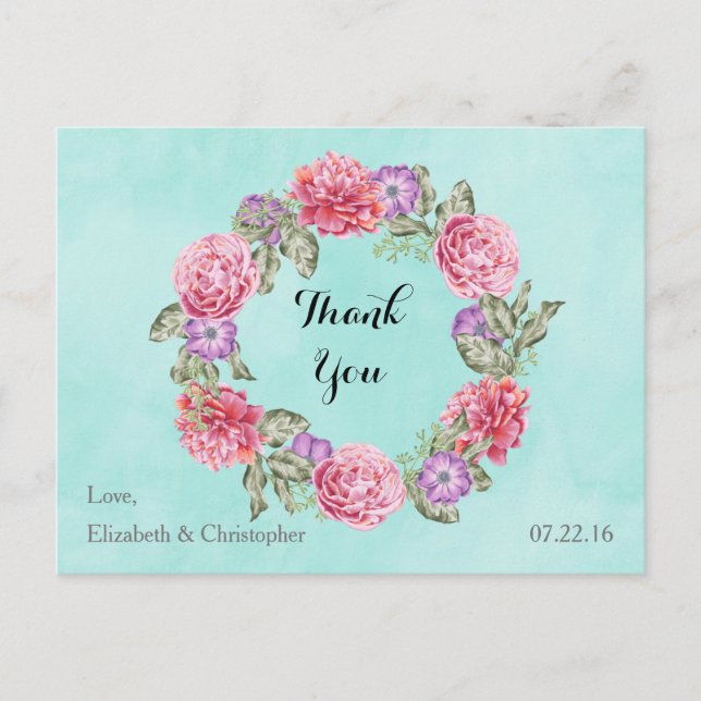 Floral Watercolor Wreath Wedding Vielen Dank Postkarte (Vorderseite)