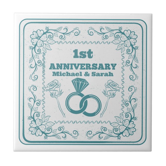 Floral wedding Anniversary Customizable year Fliese (Vorderseite)