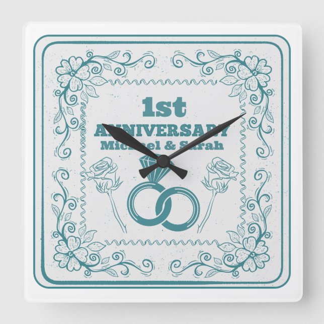 Floral wedding Anniversary Customizable year Quadratische Wanduhr (Vorderseite)