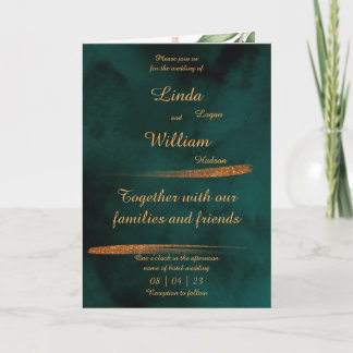 Floral Wedding Deep Sea Dark Green & Gold Einladung