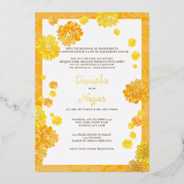 Floral Wedding Einladungskarte - Marigold Design Folieneinladung (Vorderseite)