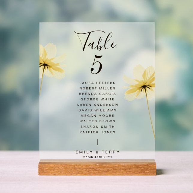 Floral Wedding Guest Names Tischnummer Mattiert Acrylschild (Neutral)