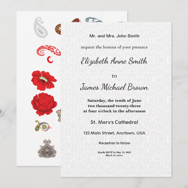 Floral Wedding Invitation Elegant Red Rose Karte (Vorne/Hinten)