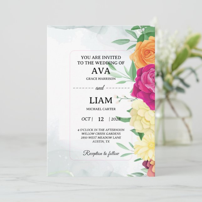 Floral Wedding Invitation with Modern Framed Text Einladung (Stehend Vorderseite)