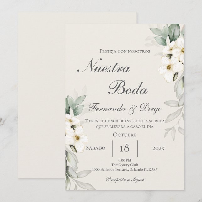 Floral Wedding invite in Spanish Einladung (Vorne/Hinten)