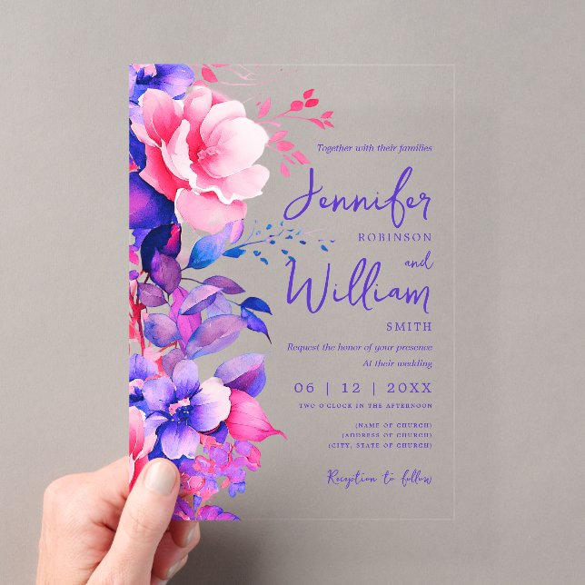 Floral Wedding Modern Script Typografy Lila Acryleinladungen (Insitu (Handheld))