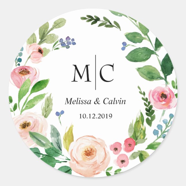 Floral Wedding Monogram Sticker / Label (Vorderseite)