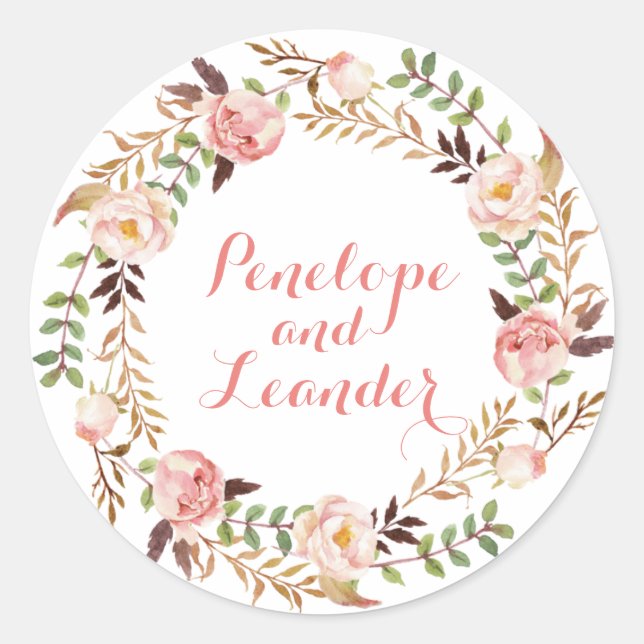 Floral Wedding Names Label Stickers (Vorderseite)