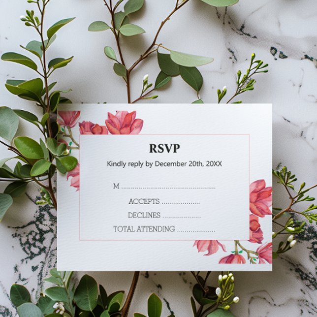 Floral Wedding RSVP Pink Magnolia White Card Karte (Von Creator hochgeladen)