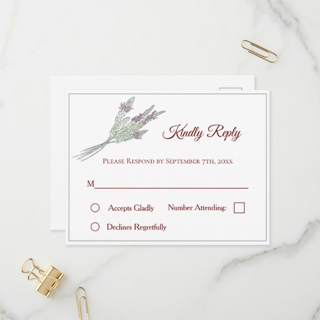 Floral Wedding RSVP Postcard mit Lavender Einladungspostkarte (Vorderseite/Rückseite Beispiel)