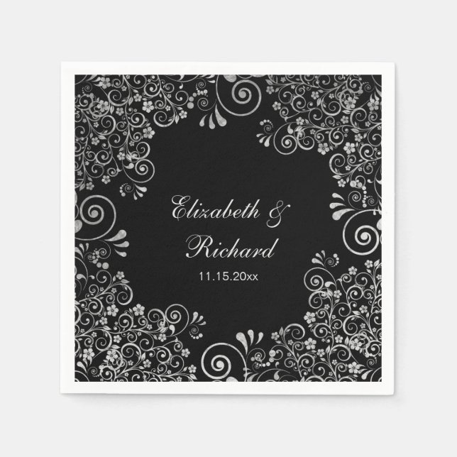 Floral Wedding Silver und Black Empfang Serviette (Vorderseite)