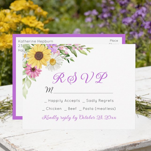 Floral Wedding Wildflower Sunflower Daisy RSVP Postkarte (Von Creator hochgeladen)