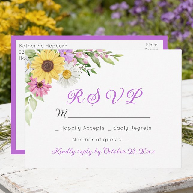 Floral Wedding Wildflower Sunflower Daisy RSVP Postkarte (Von Creator hochgeladen)