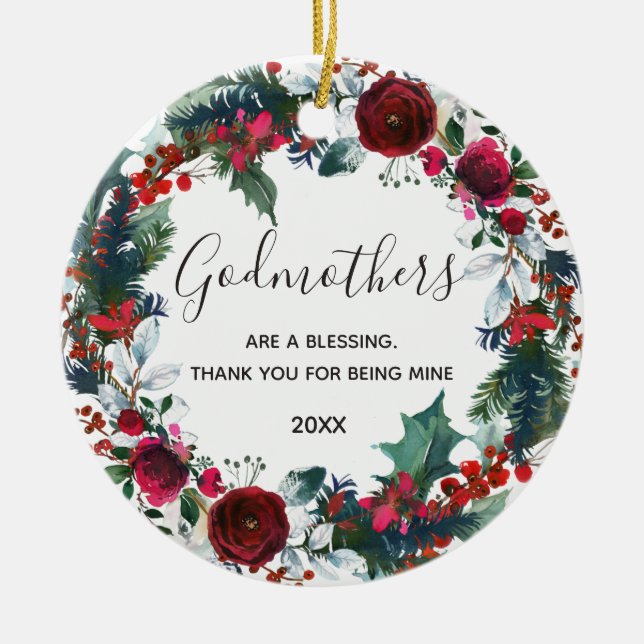 Floral Weihnachten Winter Red Wreath Godmothers Keramik Ornament (Vorne)