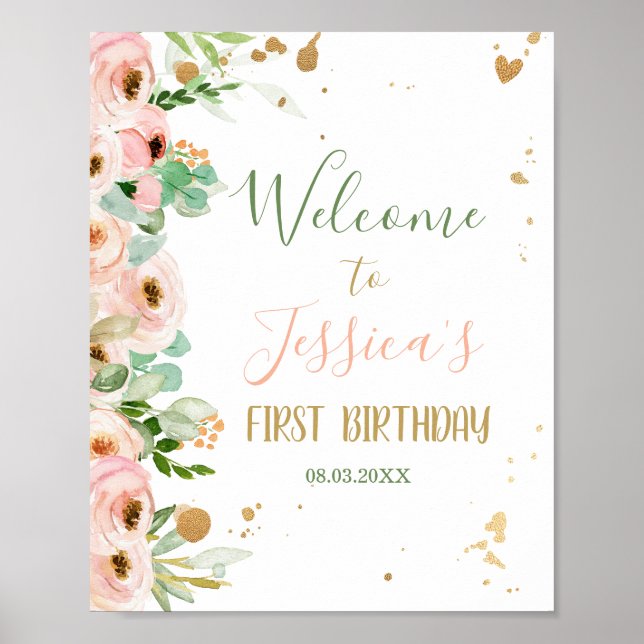 Floral Welcome Sign Miss Onederful Peach Pink Girl Poster (Vorne)