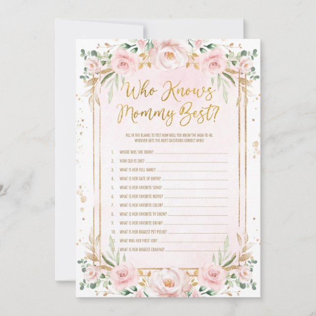 Floral Wer Mommy Best Baby Shower Game Card kennt Einladung (Vorderseite)