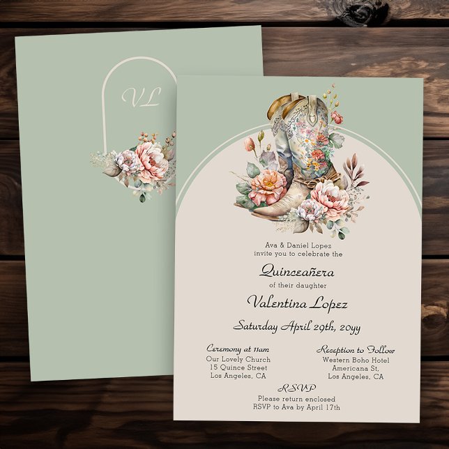 Floral Western Boots Rustic Boho Quinceanera Einladung (Mass and Reception quince invitation from my Boho Floral Cowgirl Boots Quinceanera Collection)
