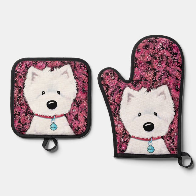 Floral Westie Art Oven Mitt & Pot Holder Set (Vorderseite)