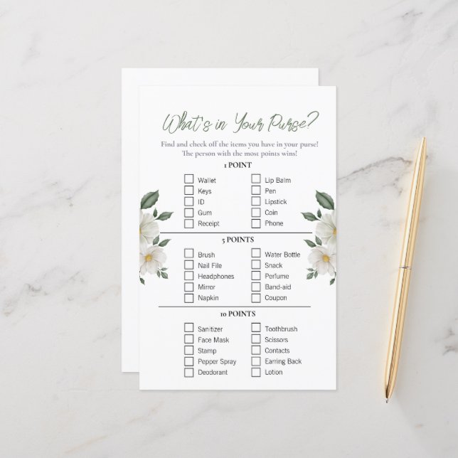 Floral "What's in Your Purse" Bridal Shower Game (Vorderseite/Rückseite Beispiel)