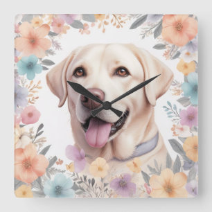Floral Whimsical Labrador Retriever Illustration Quadratische Wanduhr