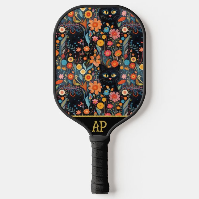 *~* Floral Whimsical Quirky Cat AP68 FOTO 1 Pickleball Schläger (Vorderseite)