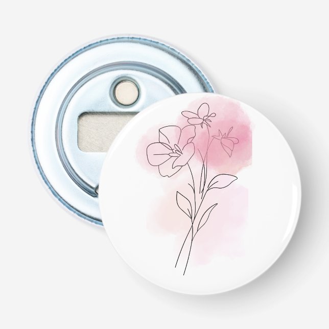 Floral Whisper – Minimalist Line Art Button Flaschenöffner (Vorderseite)