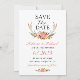 Floral White Antler Boho Hochzeit speichern Sie da Save The Date