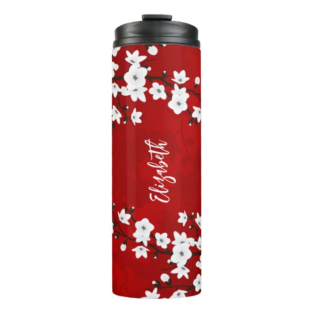 Floral White Cherry Blossom Monogramm Ihr Name Thermosbecher (Vorderseite)
