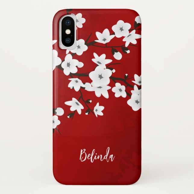 Floral White Cherry Blossom Monogramm Rot Case-Mate iPhone Hülle (Rückseite)