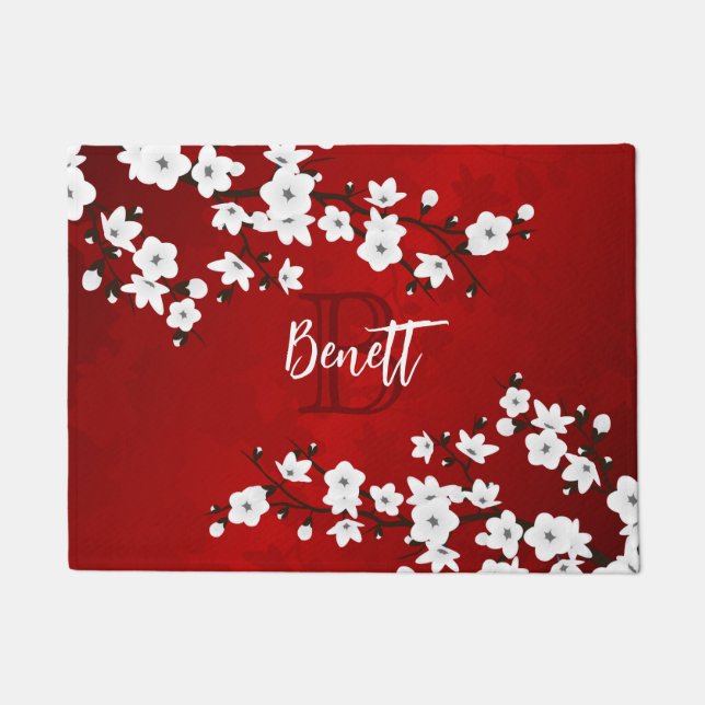 Floral White Cherry Blossom Red Monogram Add Name Fußmatte (Vorderseite)