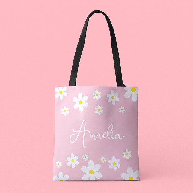 Floral White Daisy Pink Tote Bag (Von Creator hochgeladen)