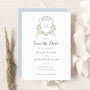 Floral White Dusty Blue Wappen Save the Date Einladung