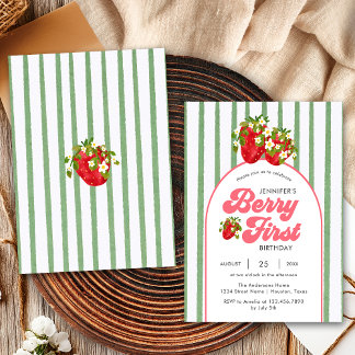 Floral White Green Strawberry Berry 1. Geburtstag Einladung