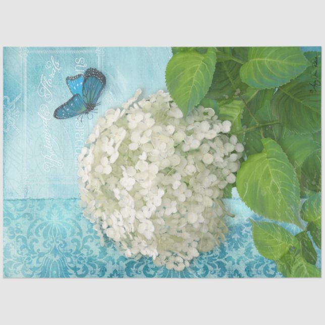 Floral White Hydrangea Blauer Schmetterling Vintag Seidenpapier (Vorderseite)