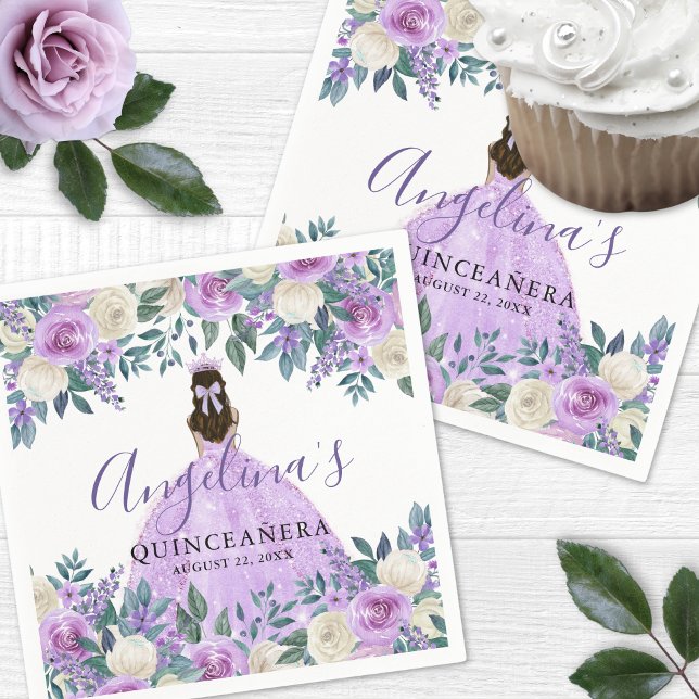 Floral White Lila Quinceanera Serviette (Floral White Purple Quinceanera Napkins)