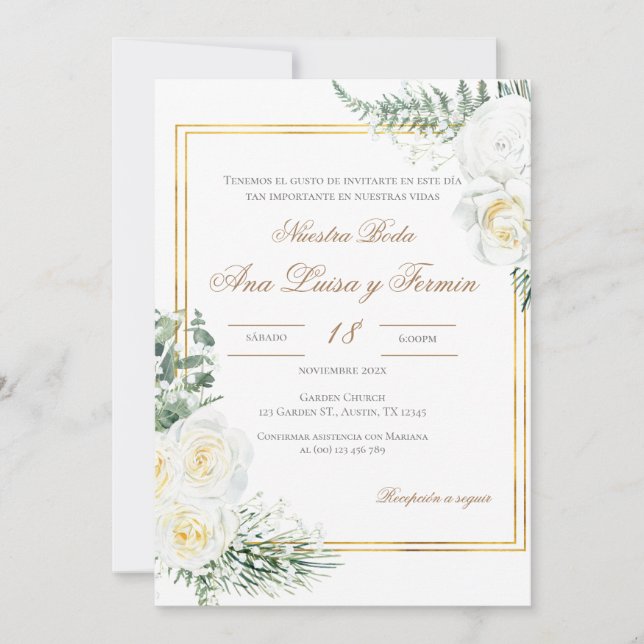 Floral White Spanish Wedding Invitation Einladung (Vorderseite)