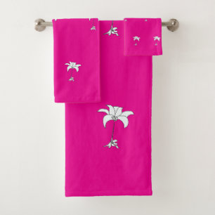 Floral Wiederholter weißer Flor Hot Pink Badhandtuch Set