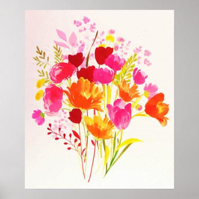 Floral Wiese Peach Pink Aquarell Poster (Vorne)