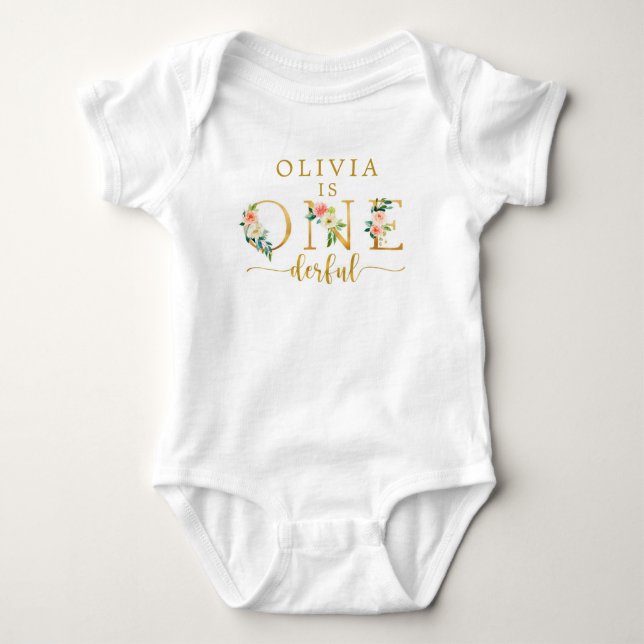 Floral Wild One Onederful 1. Geburtstag Baby Strampler (Vorderseite)