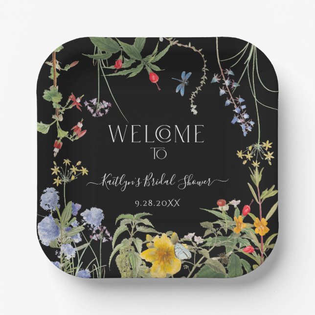 Floral Wildblume Boho Black Welcome Brautparty Pappteller (Vorderseite)