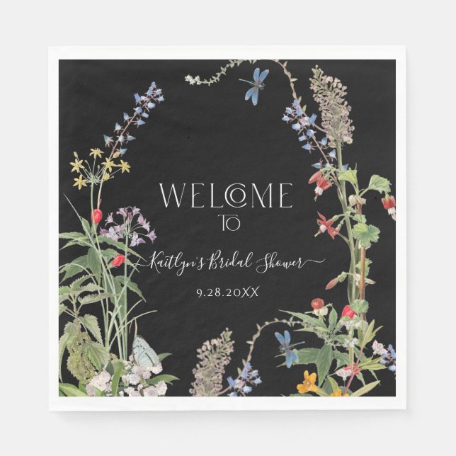 Floral Wildblume Boho Black Welcome Brautparty Serviette (Vorderseite)