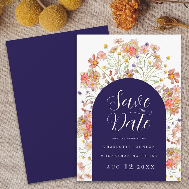 Floral Wildblume Boho Wedding Save The Date (Floral wildflower arch boho Rustic fall navy blue and white wedding save the date invitation elegant)