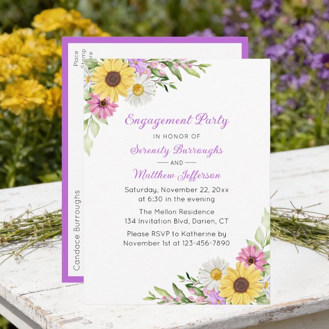 Floral Wildflower Sunflower Daisy Engagement Party Einladungspostkarte (Von Creator hochgeladen)
