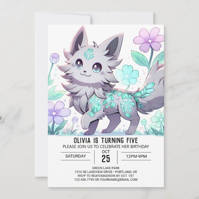 Floral Wolf Digital Geburtstag Einladung (Vorderseite)