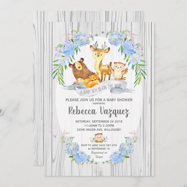 Floral Woodland Animals Kinderdusche Einladung Boy (Vorne/Hinten)