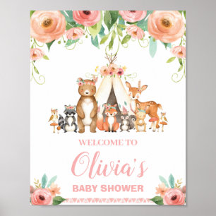 Floral Woodland Babydusche Geburtstag Willkommen Poster