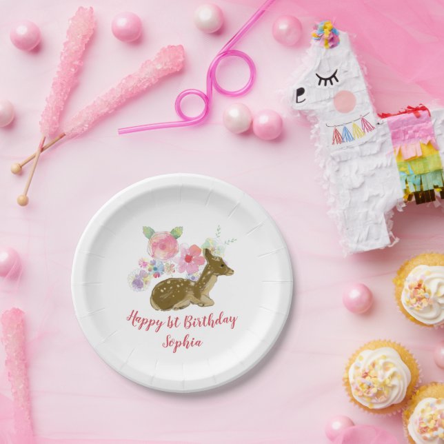 Floral Woodland Girl's 1. Geburtstag Pappteller (Party)