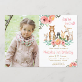 Floral Woodland Tiere Geburtstagsparty Girl Foto Einladung