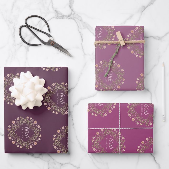 Floral Wreath 60th Birthday Wrapping Paper Set Geschenkpapier Set (Vorderseite)